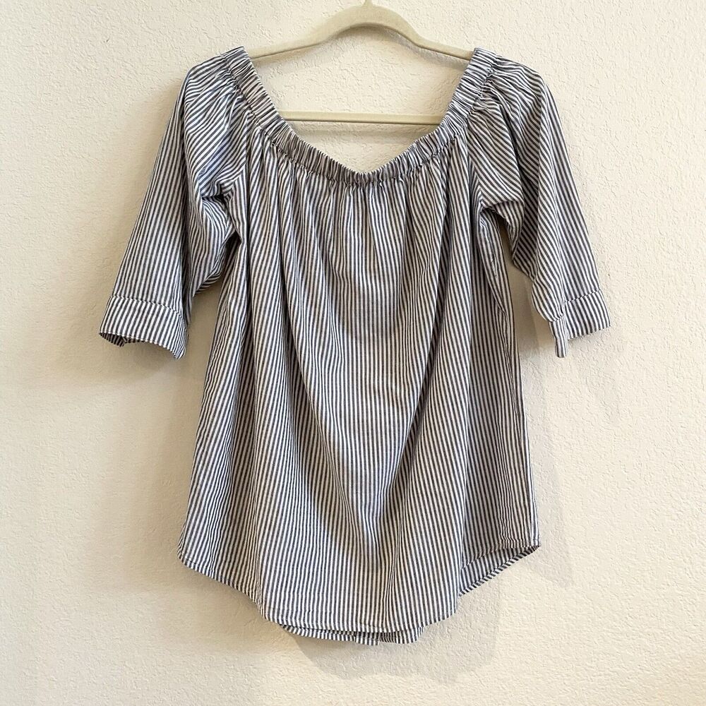 14th & Union Button Back Shirt Women Medium Grey White Striped  Off The Shoulder